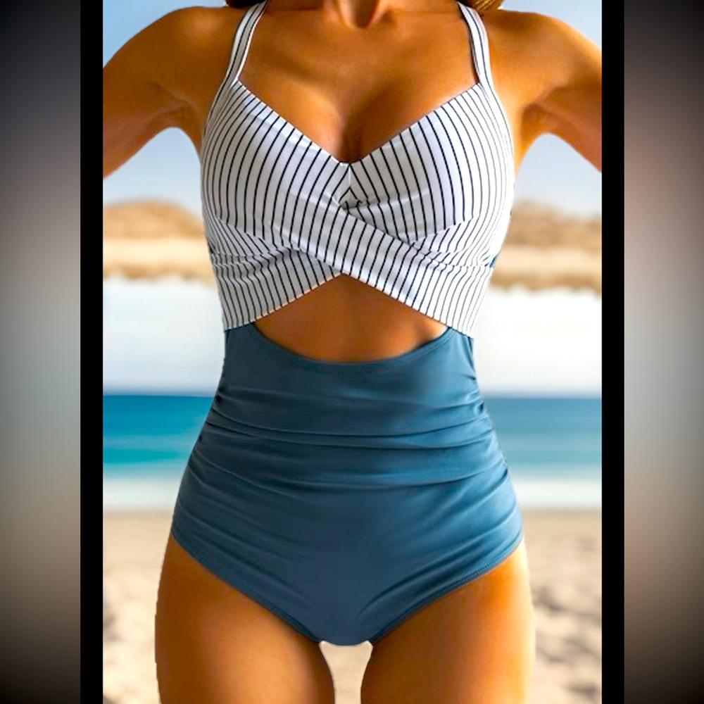 Elegant Slimming Tummy Control Ruched Sides Blue Striped 1Pc Cutout Swimsuit NWT